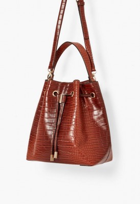 L. Drawstring Bucket Bag - Cognac Croc